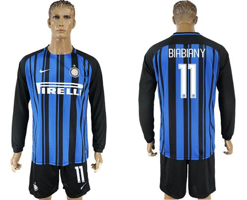 Inter Milan #11 Biabiany Home Long Sleeves Soccer Club Jersey